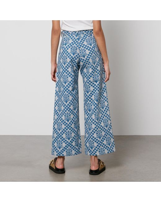 SZ Blockprints Blue Disco Printed Denim Wide-leg Trousers