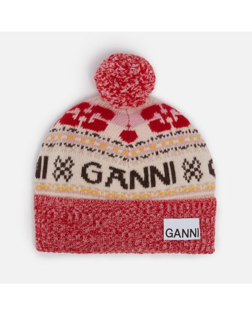 Ganni Red Logo-intarsia Wool-blend Beanie