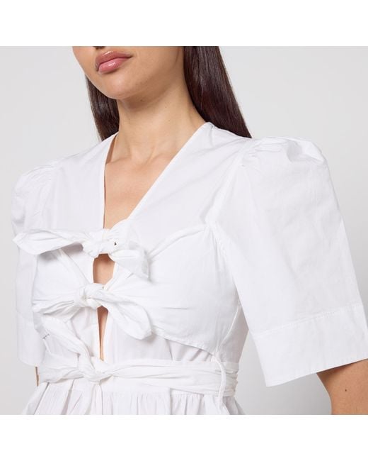 Ganni White Washed Cotton-Blend Poplin Tie Strap Blouse