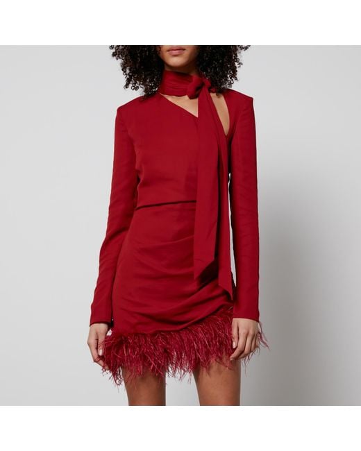 De La Vali Red Feather-Hemmed Crepe Mini Dress