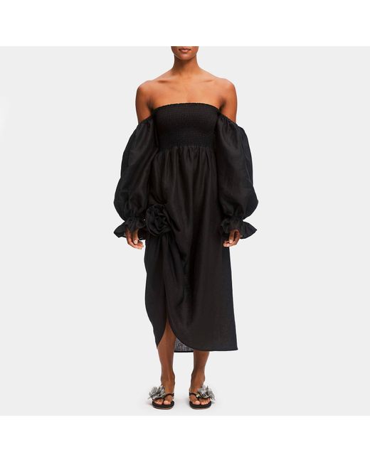 Sleeper Black Atlanta Rosette Linen Dress