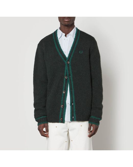 Fred Perry Green Contrast-tipped Brushed Knit Cardigan for men