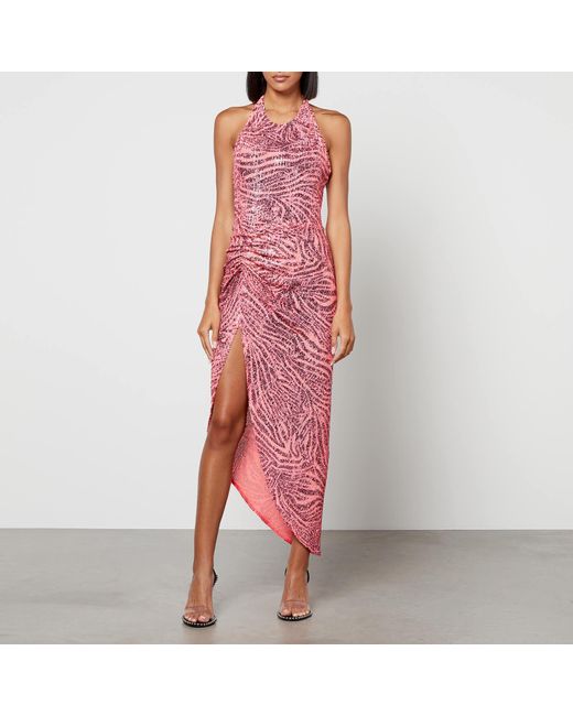 In the mood for love Red Peres Zebra-Print Embellished Mesh Maxi Dress