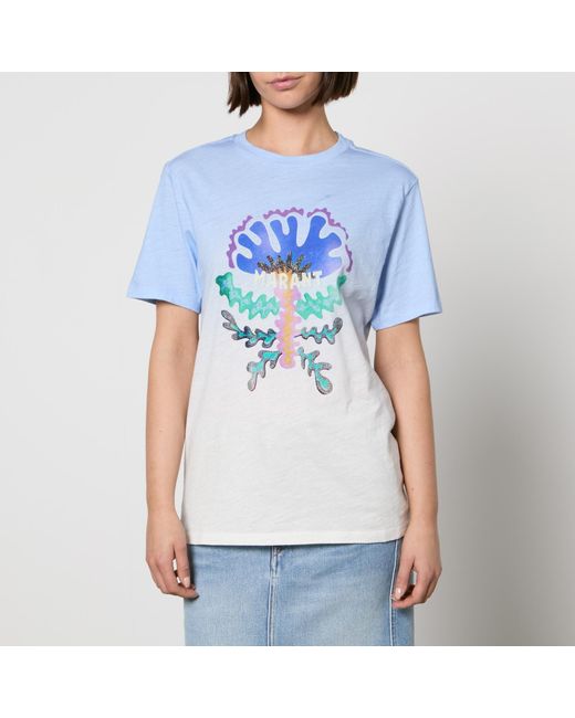 Isabel Marant Blue Zewel Flocked Logo Cotton-Jersey T-Shirt