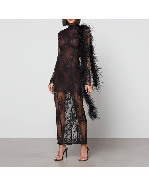 De La Vali Serpentine Feather-trimmed Lace Midi Dress in Black | Lyst UK