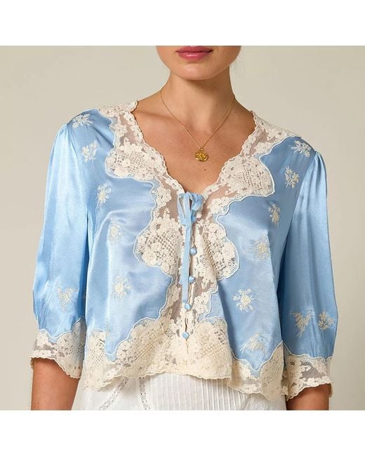 Rixo Blue Ursula Lace-Trimmed Satin Top