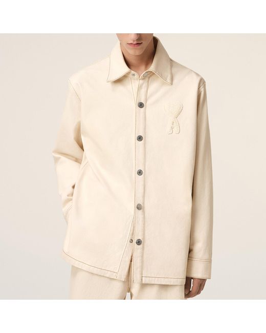 AMI Natural Logo-Appliqué Cotton-Twill Overshirt for men