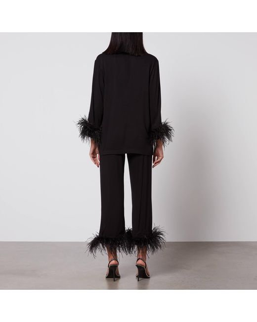 Sleeper Black Party Feather-Trimmed Crepe De Chine Pyjama Set