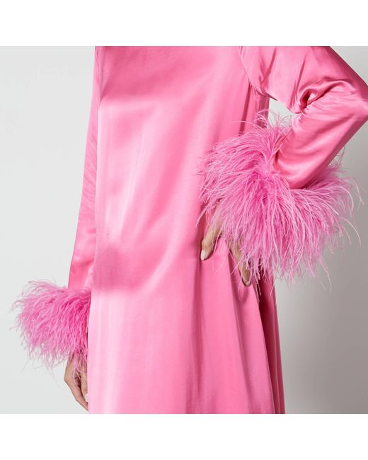 Sleeper Pink Suzi Feather-Trimmed Satin Maxi Dress