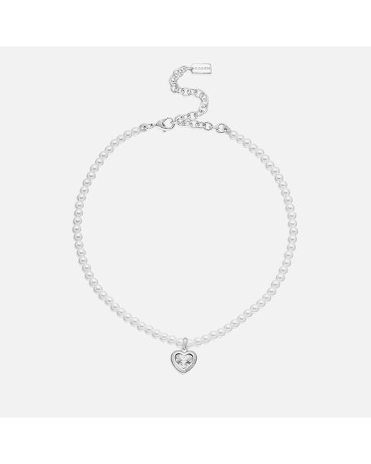 COACH White S Stone Heart Pearl Choker Necklace