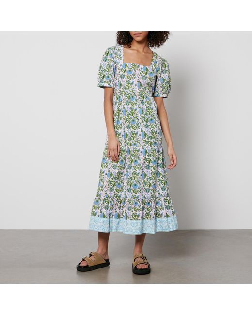 SZ Blockprints Green Divya Floral-Print Cotton-Poplin Dress