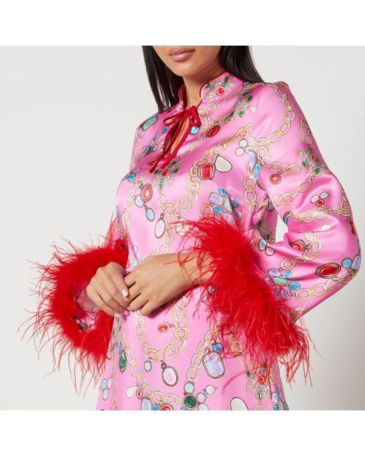 Kitri Pink Carlotta Printed Feather-Trimmed Satin Mini Dress