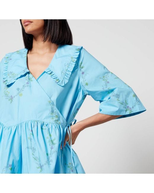 Ganni Blue X Coggles Floral-Print Organic Cotton Wrap Dress