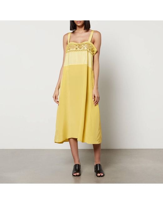 Maison Margiela Yellow Lace-trimmed Satin Midi Dress