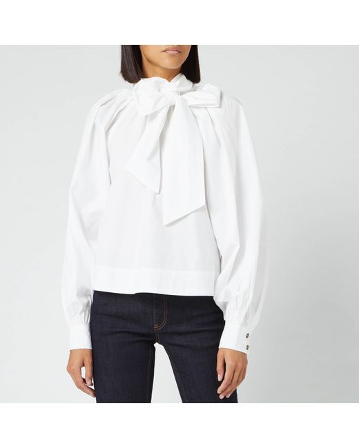 Ganni Cotton Poplin Bow Shirt in White | Lyst