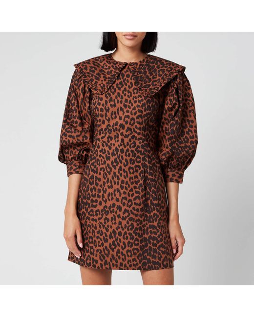Ganni Leopard Print Cotton Poplin Bib Dress in Brown - Lyst
