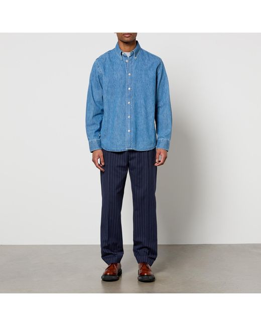 Maison Kitsuné Blue Pinstriped Cotton And Wool-Blend Trousers for men