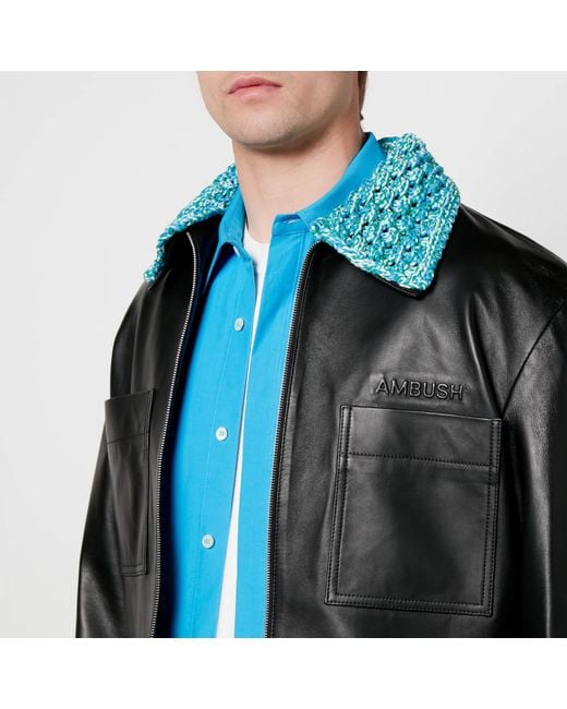 Ambush Crochet Collar Leather Jacket in Black for Men