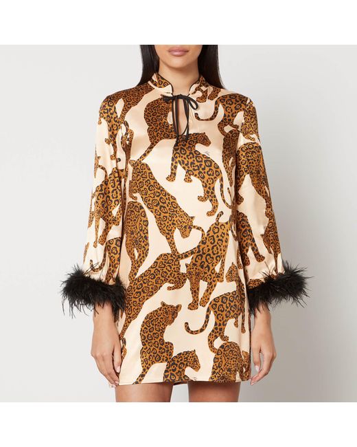 Kitri Brown Carlotta Feather-trimmed Leopard-print Satin Mini Dress