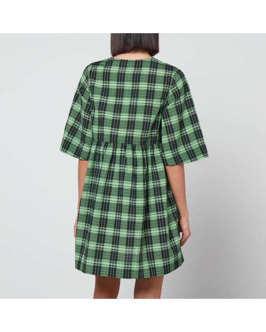 Ganni Checked Cotton-blend Seersucker Mini Dress in Green | Lyst