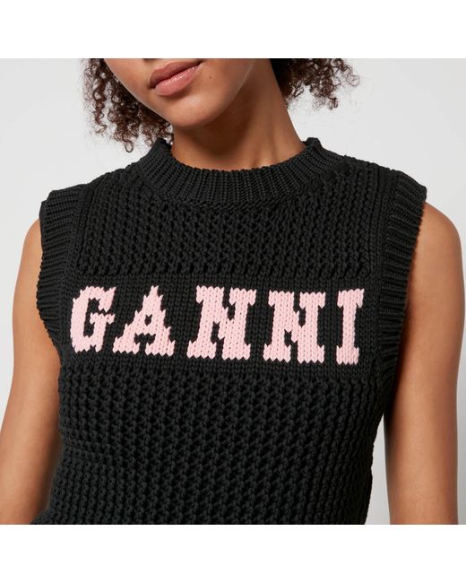 Ganni Black Logo Intarsia-knit Round-neck Top