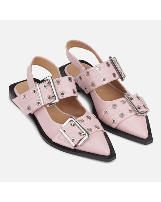 Ganni Pink Buckled Leather Flat Shoes