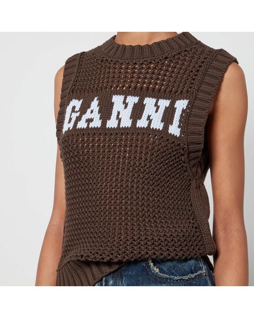 Ganni Brown Logo Open-Knit Cotton-Blend Vest