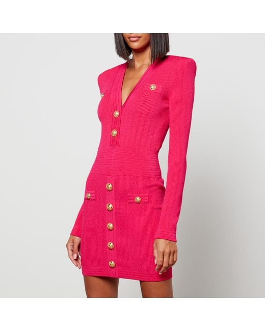 Balmain Short V Neck Buttoned Details Knit Dress in Pink | Lyst Canada