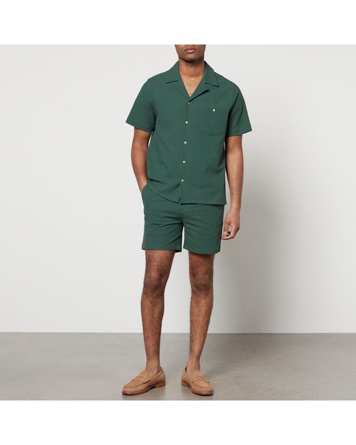 Percival Green Pleated Cotton-Blend Seersucker Shorts for men