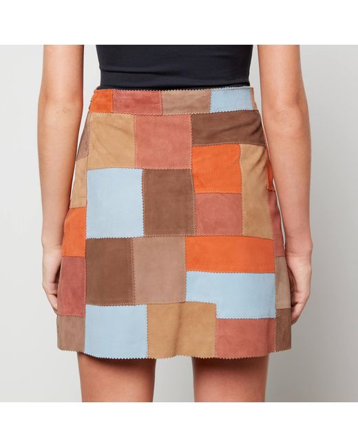 Rixo Brown Corfu Patchwork Suede Mini Skirt