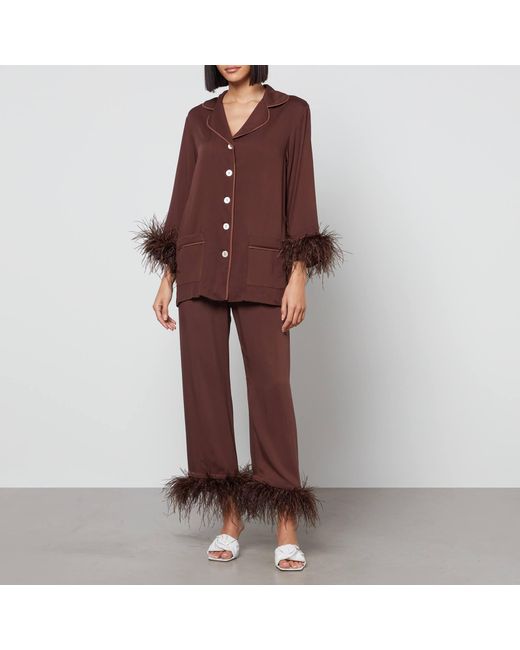 Sleeper Brown Party Feather-trimmed Crepe De Chine Pyjama Set