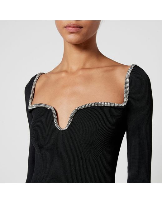 Self-Portrait Black Diamante-Embellished Ribbed-Knit Midi Dress
