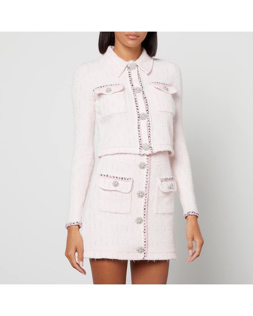 Self-Portrait Pink Cropped Embellished Cotton-blend Bouclé-tweed Jacket