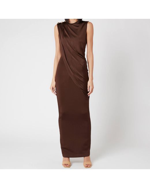 Balmain Brown Long Sleeveless Asymmetric Draped Dress