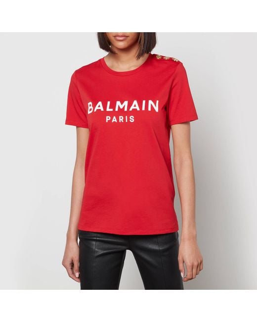 Balmain Short Sleeve 3 Button Printed T-shirt in Red | Lyst Canada