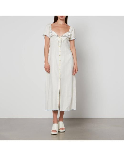Rixo White Briella Scalloped Embroidered Linen-blend Midi Dress
