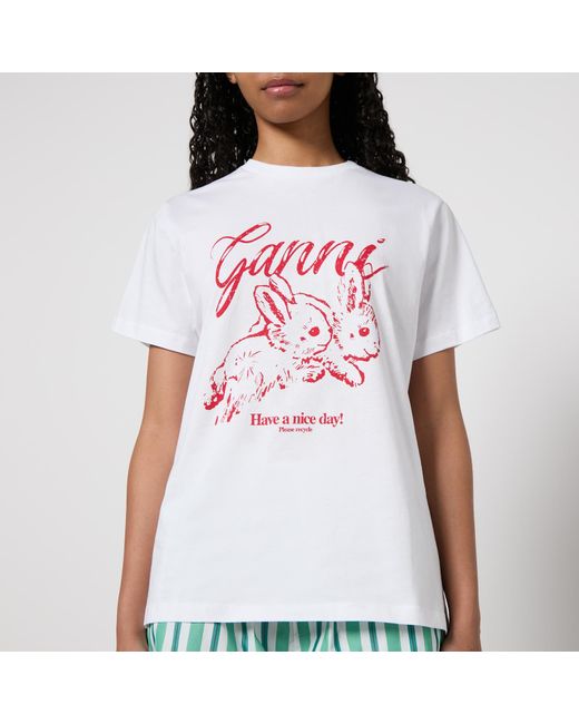 Ganni White Bunnies Relaxed Cotton-Jersey T-Shirt