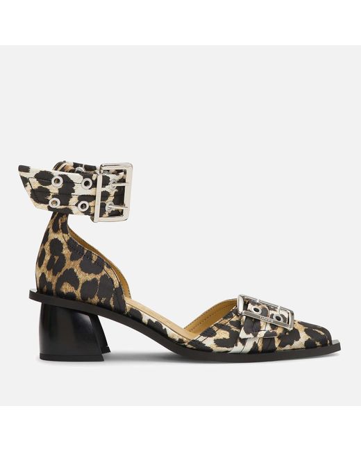 Ganni Black Feminine Buckle Block Satin Heels