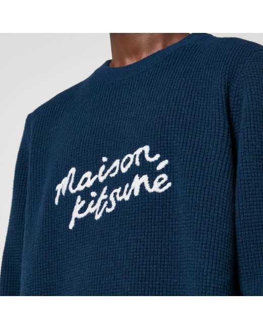 Maison Kitsuné Blue Handwriting Waffle-Knit Wool Jumper for men