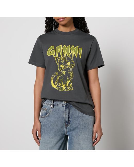 Ganni Gray Kitty Relaxed Cotton-Jersey T-Shirt