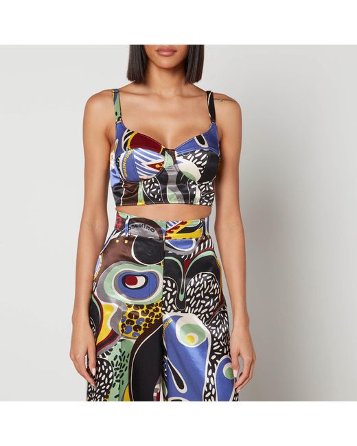 Moschino Blue Psychedelic Printed Satin And Mesh Bra Top