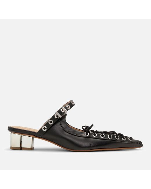 Ganni Black Eyelets Lace-Up Oleatex Heeled Mules
