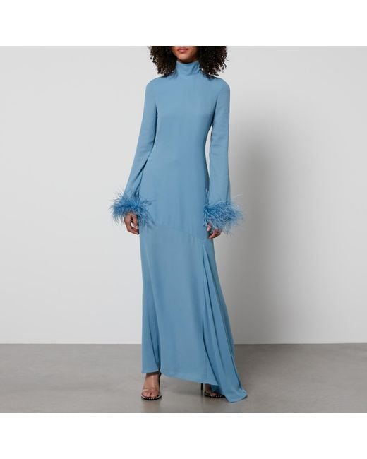 De La Vali Blue Cosmopolitan Feather-Trimmed Chiffon Maxi Dress