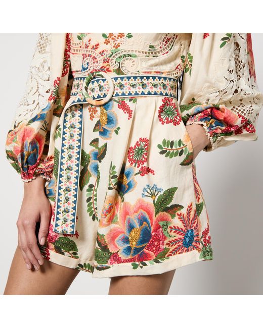 Farm Rio Multicolor Floral-Print Linen-Blend Romper