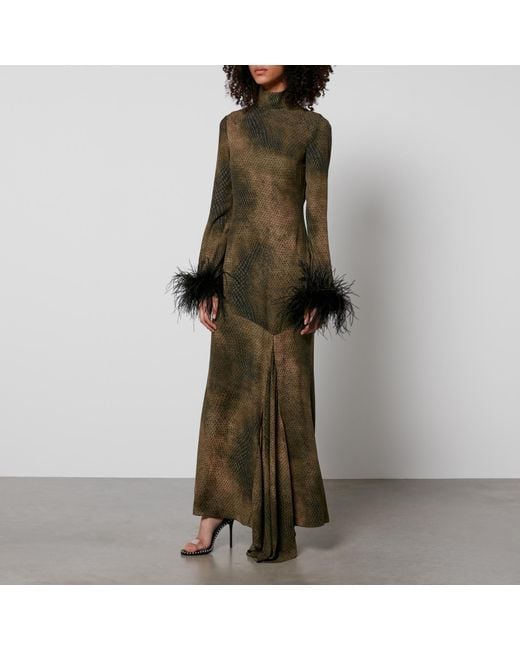 De La Vali Green Printed Feather-Trimmed Satin Maxi Dress