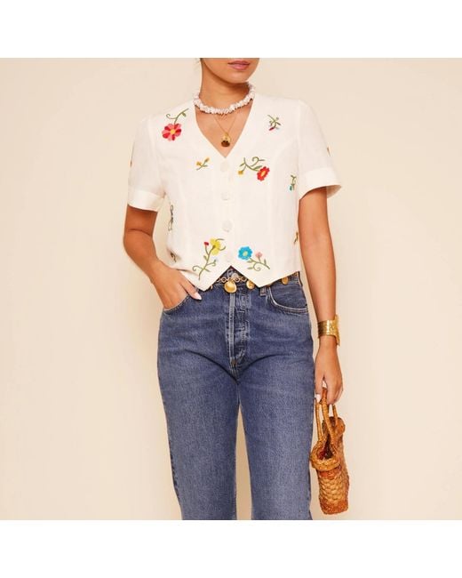 Rixo Blue Immie Ombré Floral-Embroidered Woven Top
