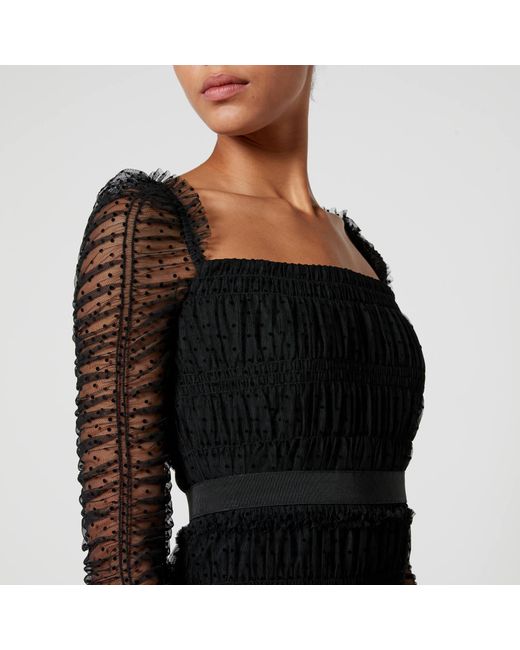 Self-Portrait Black Shirred Polka-dot Tulle Midi Dress
