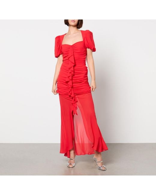 De La Vali Red Ruched Chiffon Maxi Dress