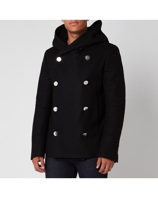 Balmain Black Hooded Wool Pea Coat for men