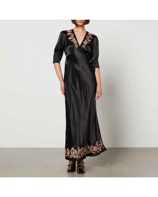Rixo Black Zadie Embellished Satin Midi Dress